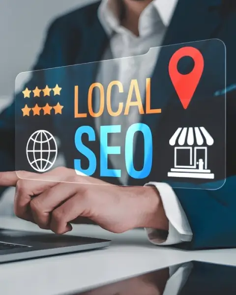  A man works on a laptop with a glowing graphic overlay promoting Local SEO with associated icons like star ratings and a store