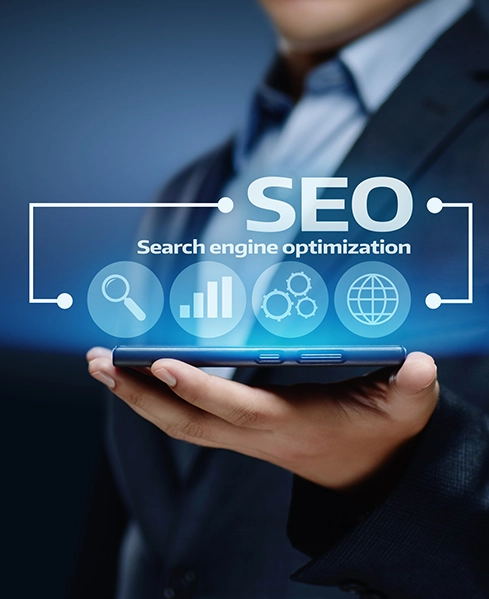 A businessman confidently holds a smartphone, showcasing essential tools for online visibility, including search options and analytics, setting the stage for a future driven by technology and innovation